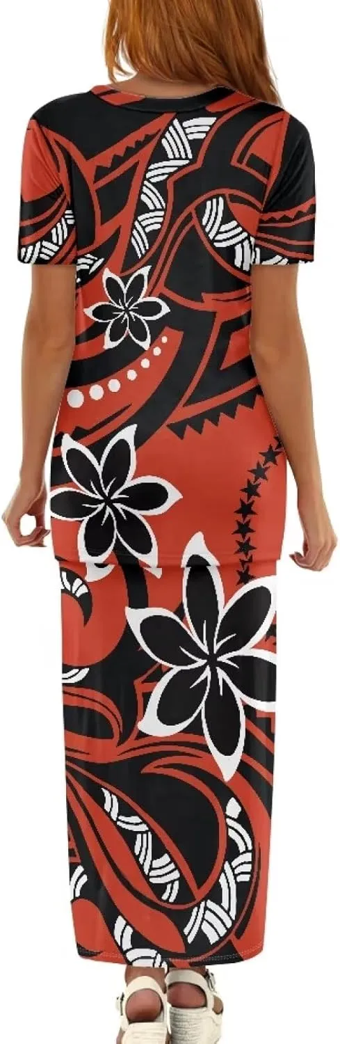 Polynesian Dress for Women Plus Size 2 Pcs Set Puletasi Samoan Tribal Crewneck Short Sleeve Loose Maxi Dress XS-7XL