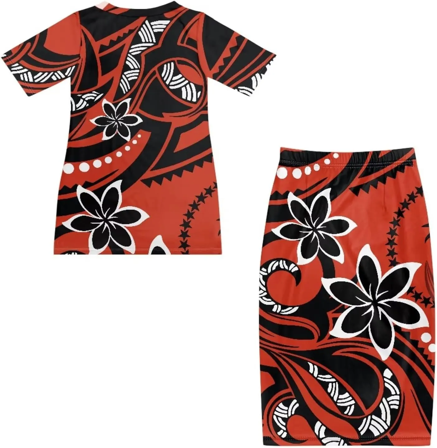 Polynesian Dress for Women Plus Size 2 Pcs Set Puletasi Samoan Tribal Crewneck Short Sleeve Loose Maxi Dress XS-7XL