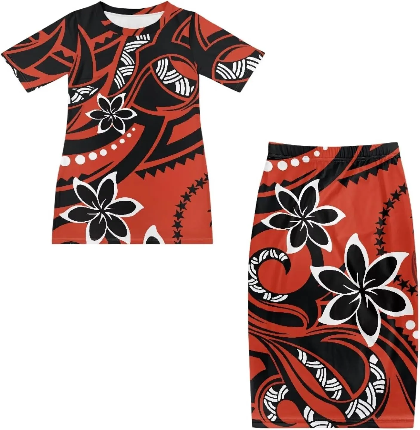 Polynesian Dress for Women Plus Size 2 Pcs Set Puletasi Samoan Tribal Crewneck Short Sleeve Loose Maxi Dress XS-7XL