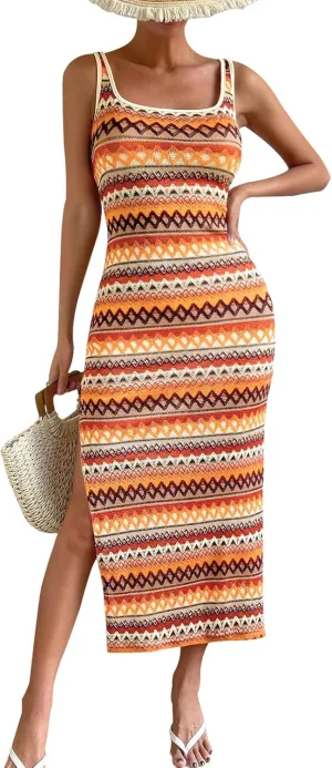 PRETTYGARDEN Tank Dress for Women 2025 Summer Casual Striped Maxi Dresses Fitted Square Neck Beach Vacation Bohemian Sundress