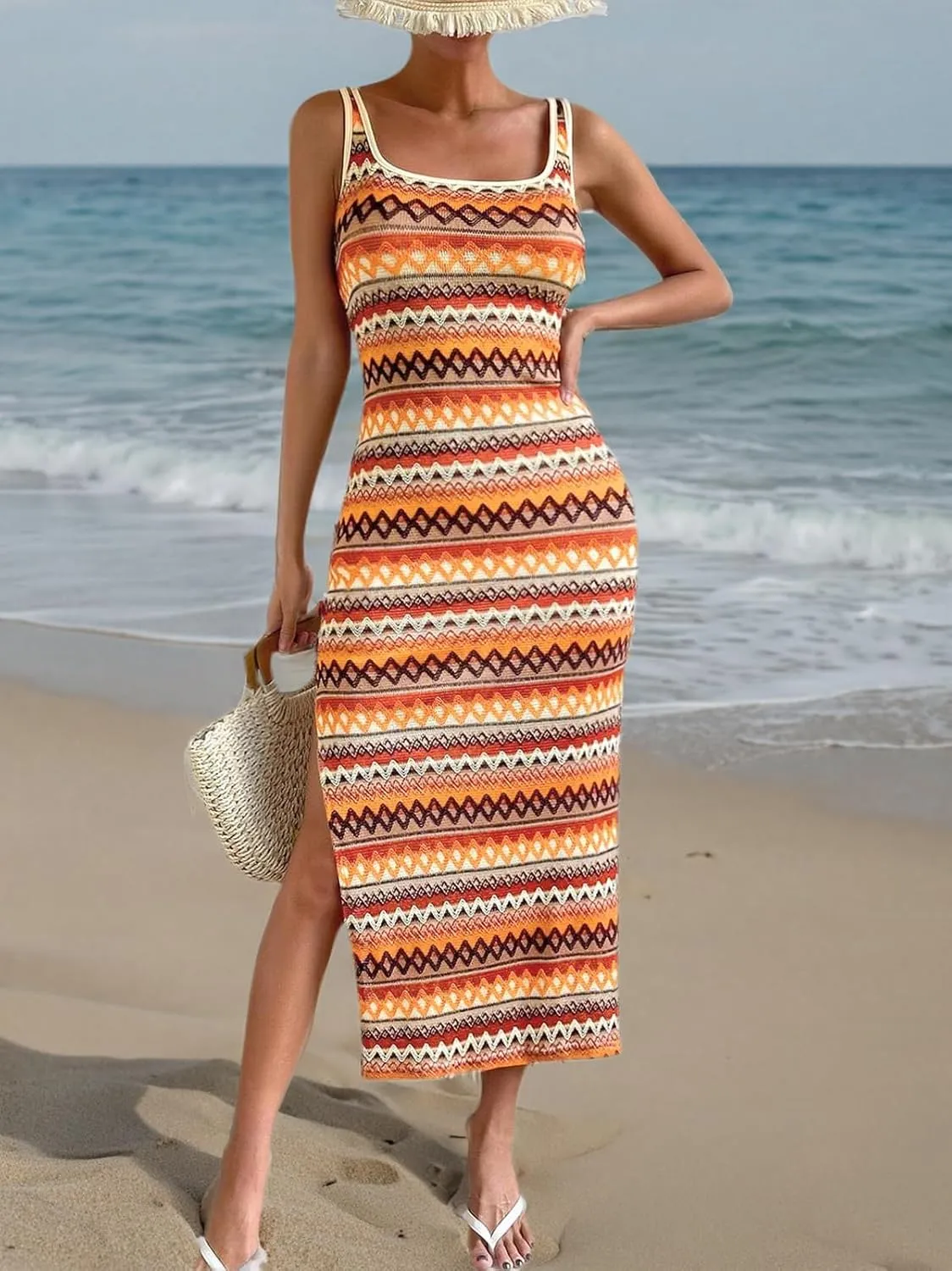 PRETTYGARDEN Tank Dress for Women 2025 Summer Casual Striped Maxi Dresses Fitted Square Neck Beach Vacation Bohemian Sundress
