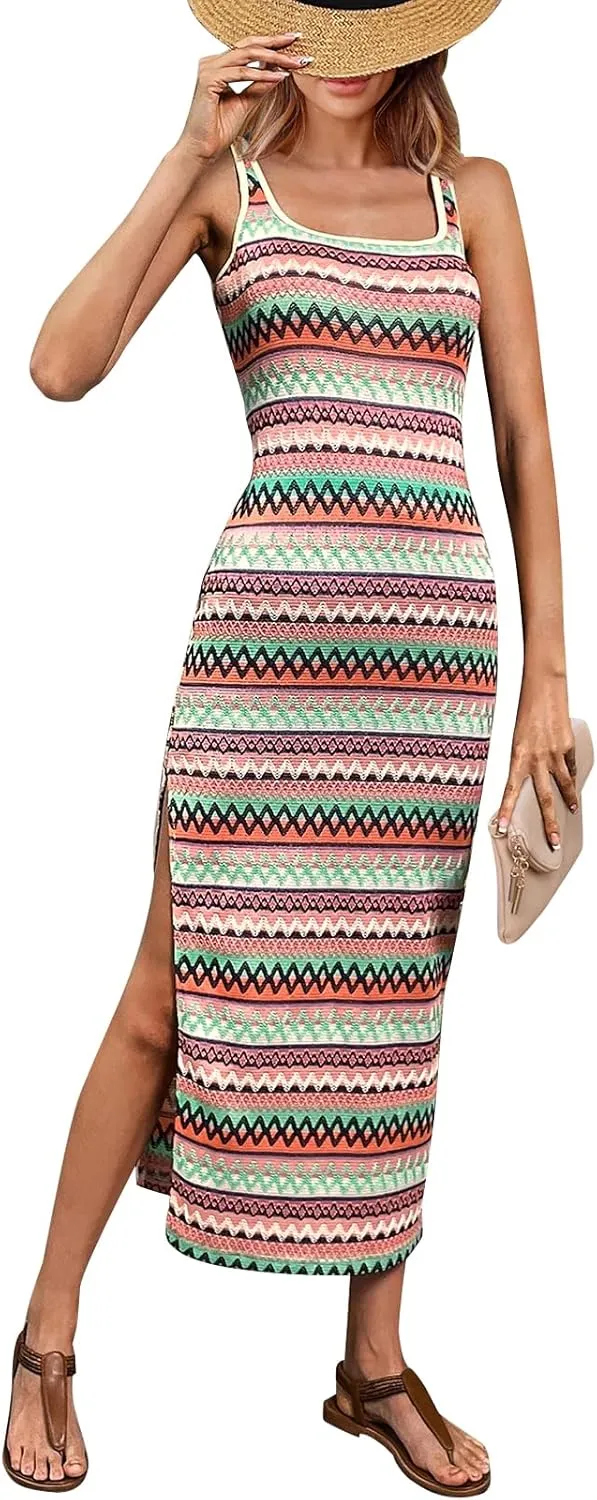 PRETTYGARDEN Tank Dress for Women 2025 Summer Casual Striped Maxi Dresses Fitted Square Neck Beach Vacation Bohemian Sundress