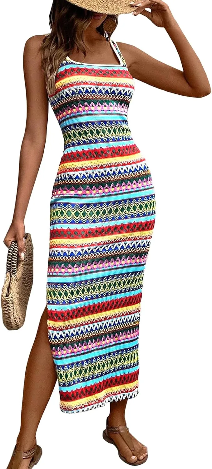 PRETTYGARDEN Tank Dress for Women 2025 Summer Casual Striped Maxi Dresses Fitted Square Neck Beach Vacation Bohemian Sundress