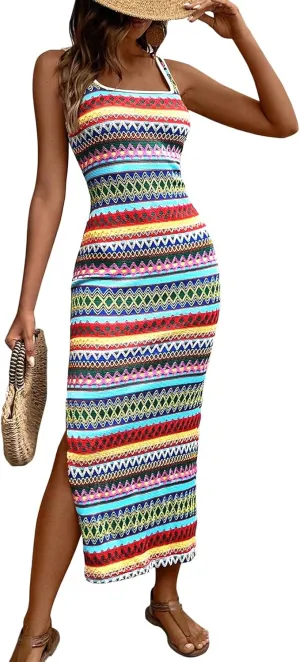 PRETTYGARDEN Tank Dress for Women 2025 Summer Casual Striped Maxi Dresses Fitted Square Neck Beach Vacation Bohemian Sundress