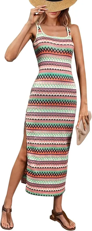 PRETTYGARDEN Tank Dress for Women 2025 Summer Casual Striped Maxi Dresses Fitted Square Neck Beach Vacation Bohemian Sundress