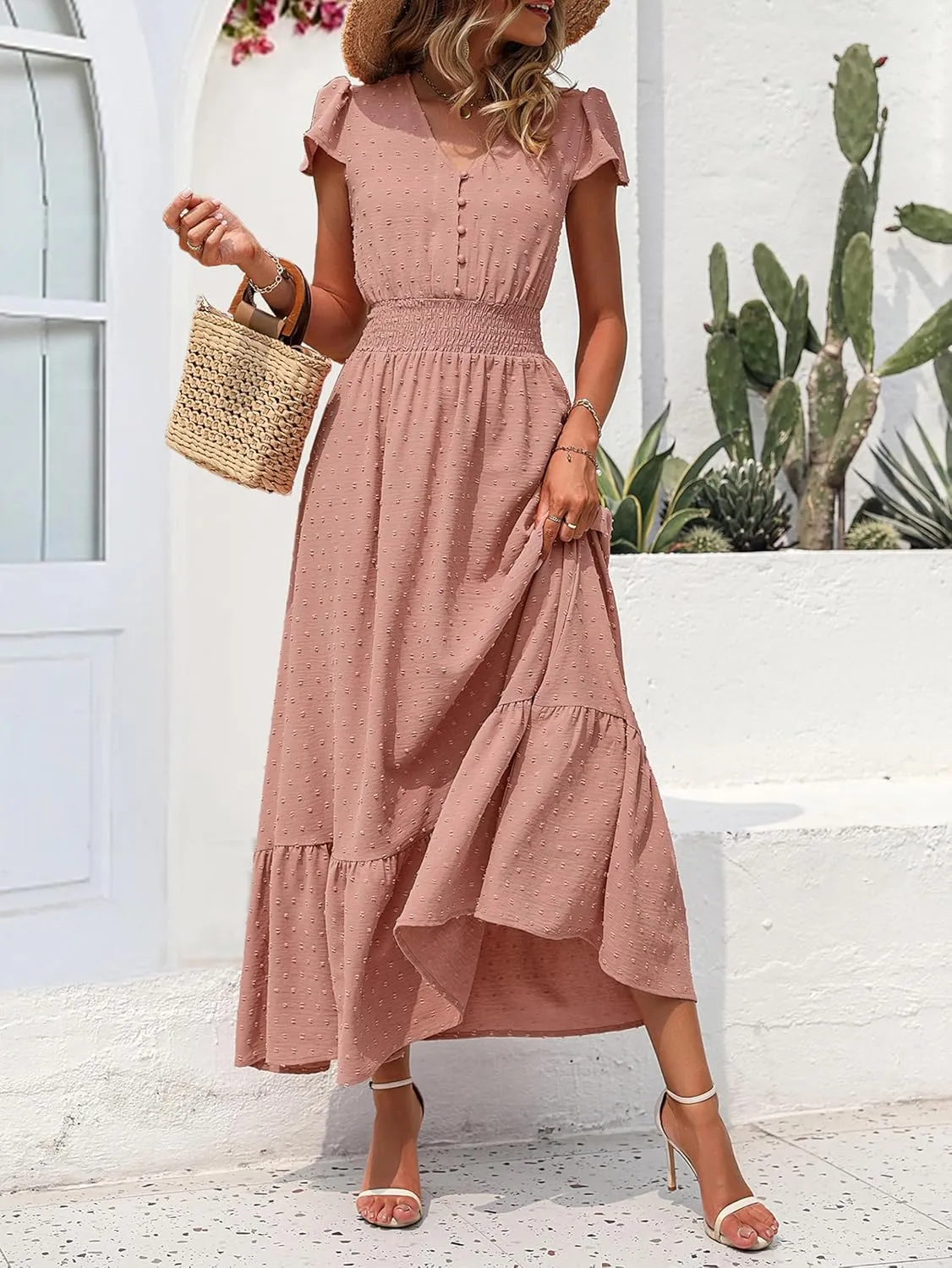 PRETTYGARDEN Women Casual Boho Summer Maxi Dresses 2025 Short Sleeve V Neck Swiss Dot Ruffle Smocked Flowy Wedding Long Dress
