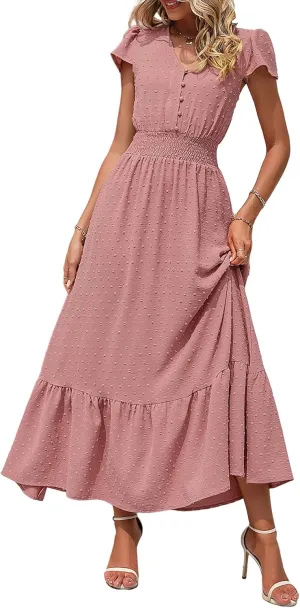PRETTYGARDEN Women Casual Boho Summer Maxi Dresses 2025 Short Sleeve V Neck Swiss Dot Ruffle Smocked Flowy Wedding Long Dress