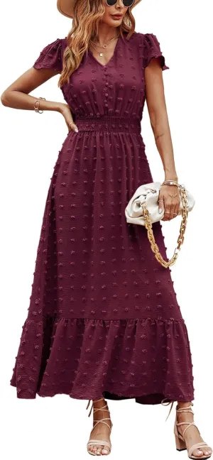 PRETTYGARDEN Women Casual Boho Summer Maxi Dresses 2025 Short Sleeve V Neck Swiss Dot Ruffle Smocked Flowy Wedding Long Dress