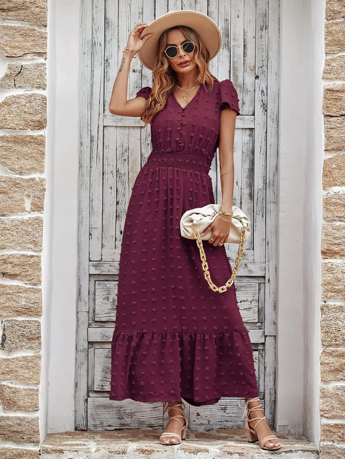 PRETTYGARDEN Women Casual Boho Summer Maxi Dresses 2025 Short Sleeve V Neck Swiss Dot Ruffle Smocked Flowy Wedding Long Dress