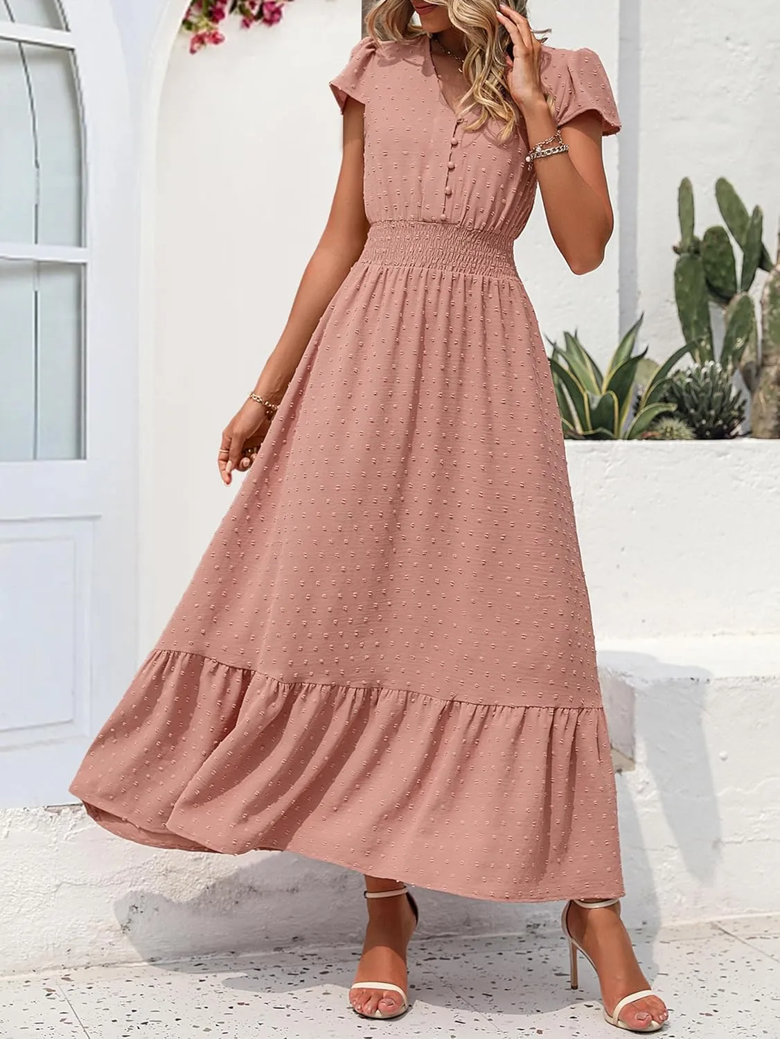 PRETTYGARDEN Women Casual Boho Summer Maxi Dresses 2025 Short Sleeve V Neck Swiss Dot Ruffle Smocked Flowy Wedding Long Dress