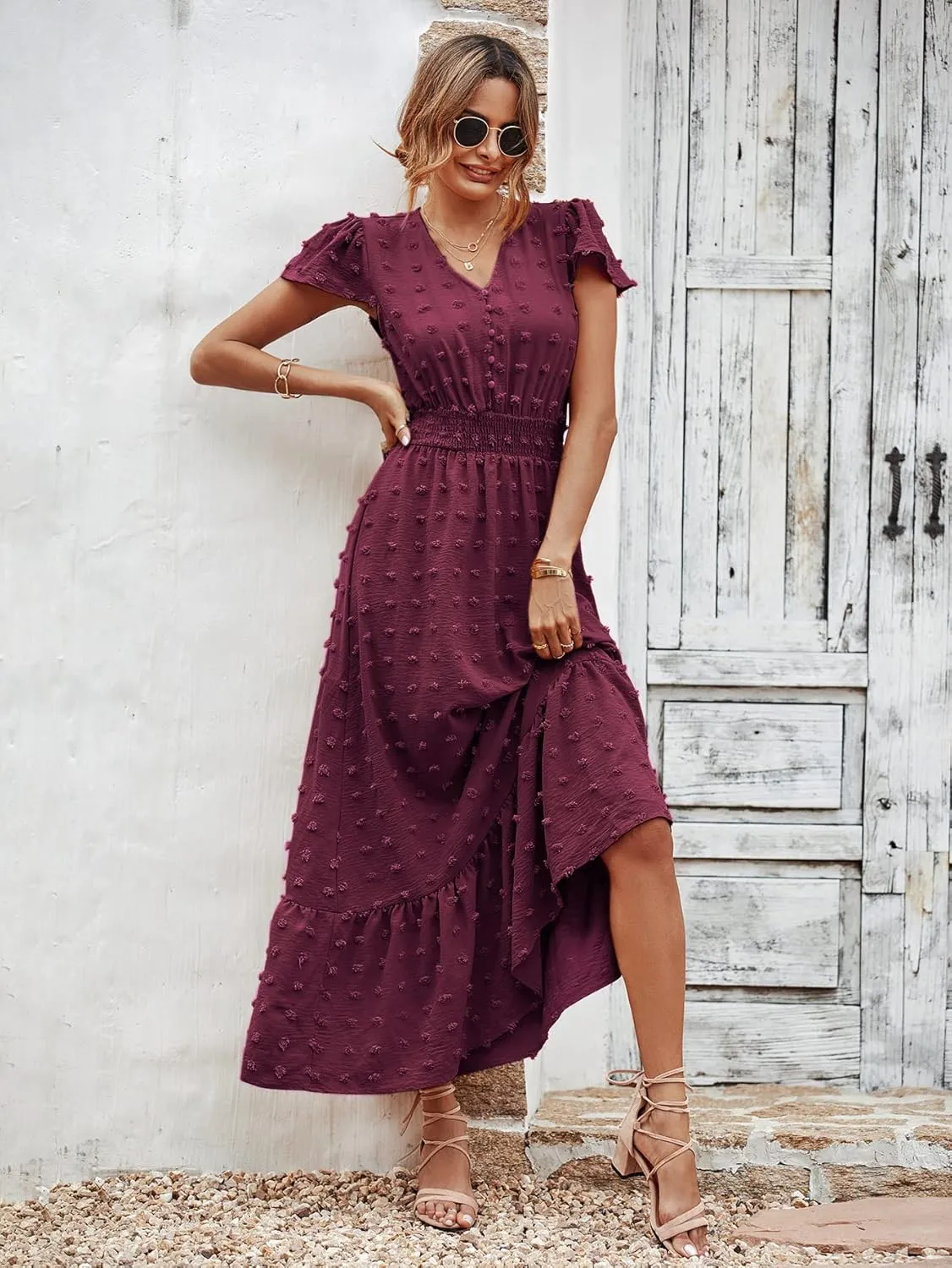 PRETTYGARDEN Women Casual Boho Summer Maxi Dresses 2025 Short Sleeve V Neck Swiss Dot Ruffle Smocked Flowy Wedding Long Dress