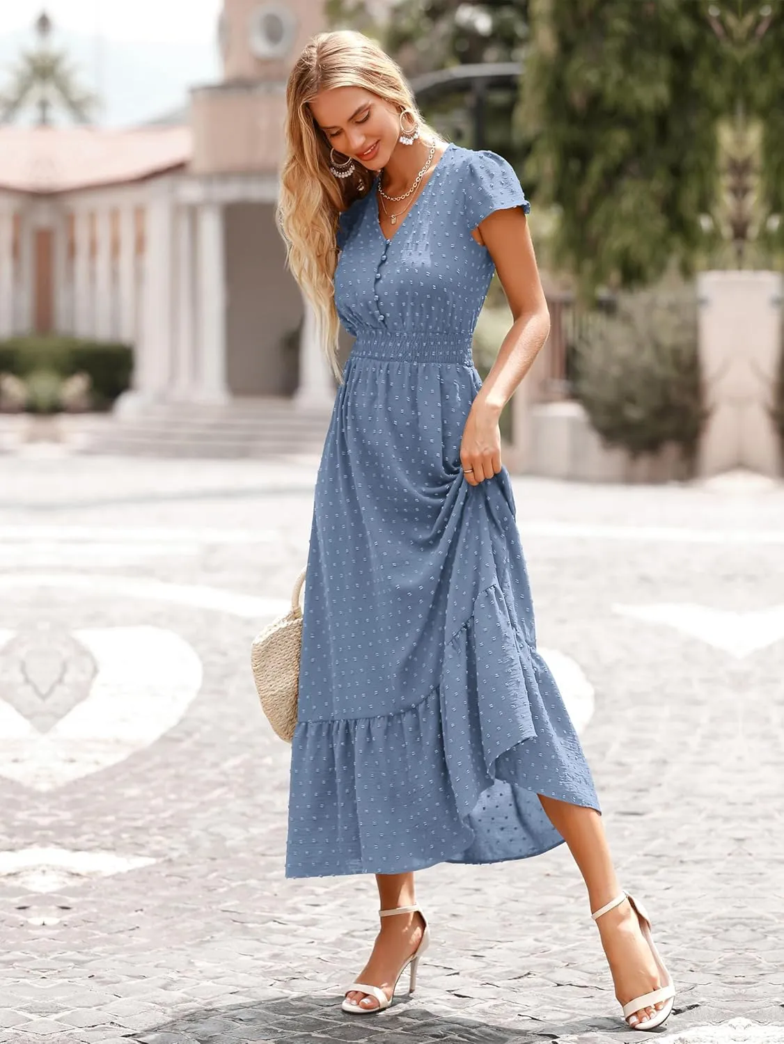 PRETTYGARDEN Women Casual Boho Summer Maxi Dresses 2025 Short Sleeve V Neck Swiss Dot Ruffle Smocked Flowy Wedding Long Dress