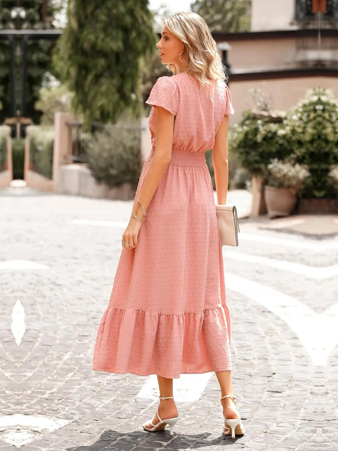 PRETTYGARDEN Women Casual Boho Summer Maxi Dresses 2025 Short Sleeve V Neck Swiss Dot Ruffle Smocked Flowy Wedding Long Dress