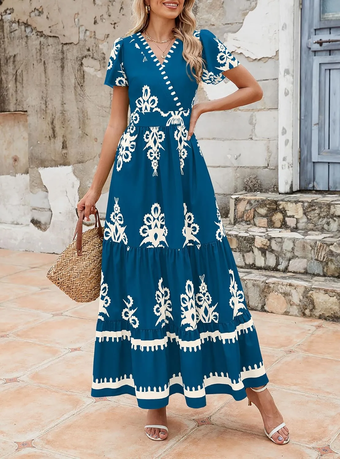 PRETTYGARDEN Womens 2025 Summer Casual V Neck Boho Maxi Dress Flowy Aline Bell Sleeve Tiered Floral Dresses with Pocket