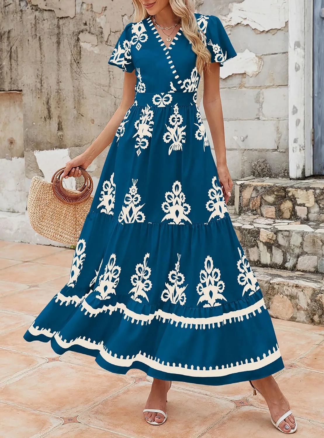PRETTYGARDEN Womens 2025 Summer Casual V Neck Boho Maxi Dress Flowy Aline Bell Sleeve Tiered Floral Dresses with Pocket