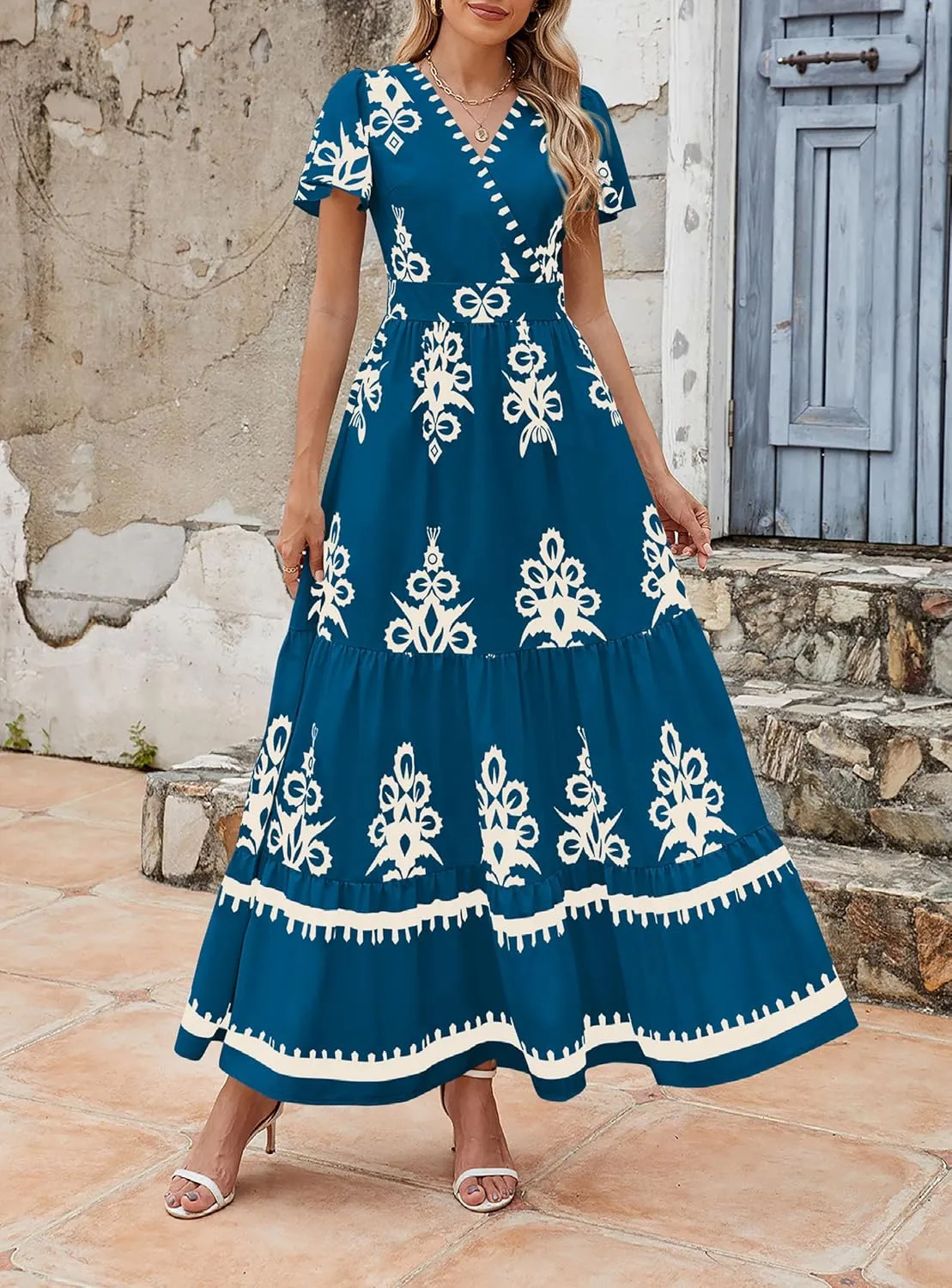 PRETTYGARDEN Womens 2025 Summer Casual V Neck Boho Maxi Dress Flowy Aline Bell Sleeve Tiered Floral Dresses with Pocket