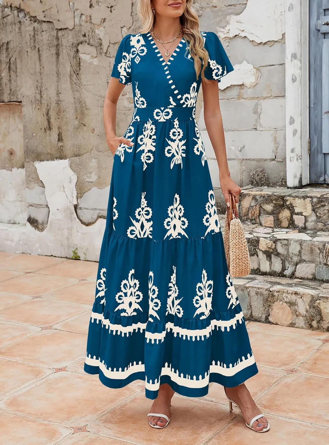 PRETTYGARDEN Womens 2025 Summer Casual V Neck Boho Maxi Dress Flowy Aline Bell Sleeve Tiered Floral Dresses with Pocket