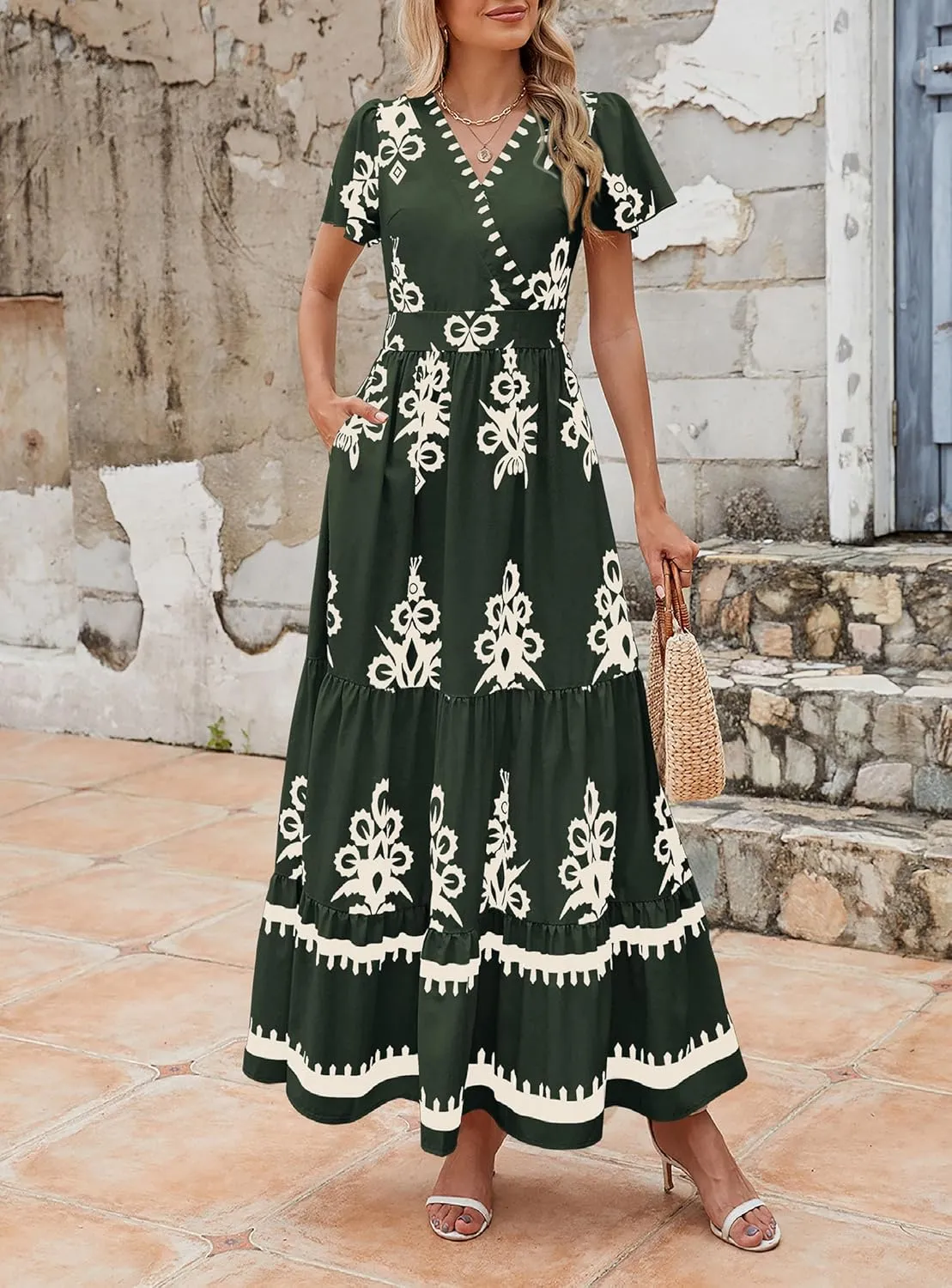 PRETTYGARDEN Womens 2025 Summer Casual V Neck Boho Maxi Dress Flowy Aline Bell Sleeve Tiered Floral Dresses with Pocket