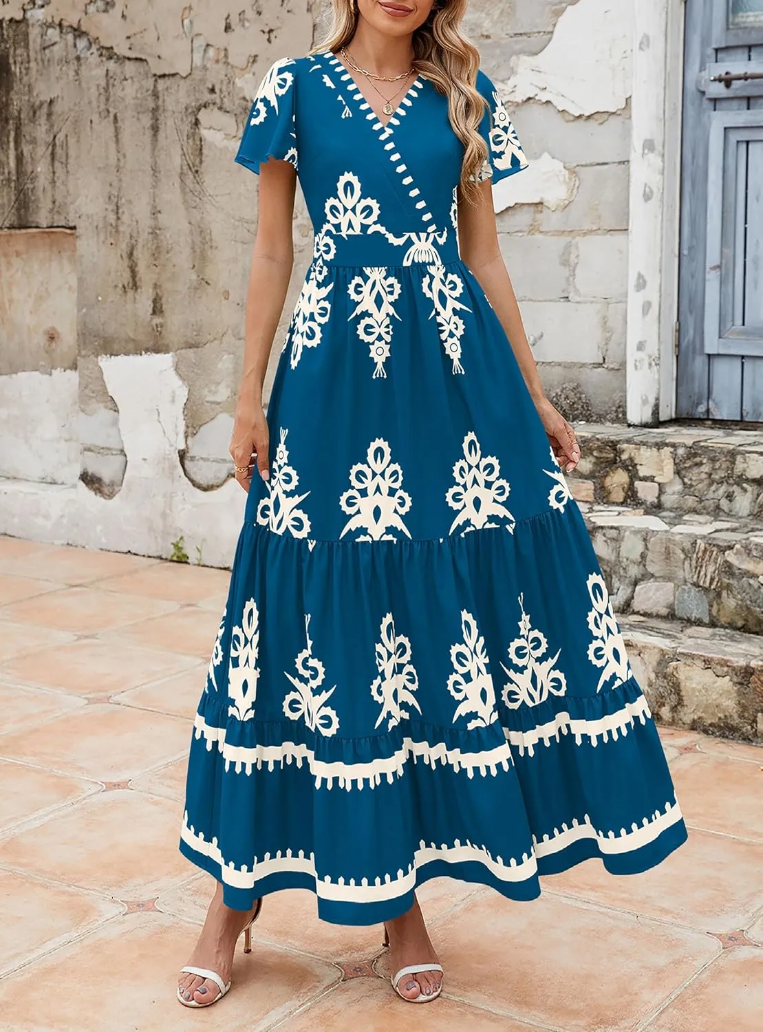 PRETTYGARDEN Womens 2025 Summer Casual V Neck Boho Maxi Dress Flowy Aline Bell Sleeve Tiered Floral Dresses with Pocket