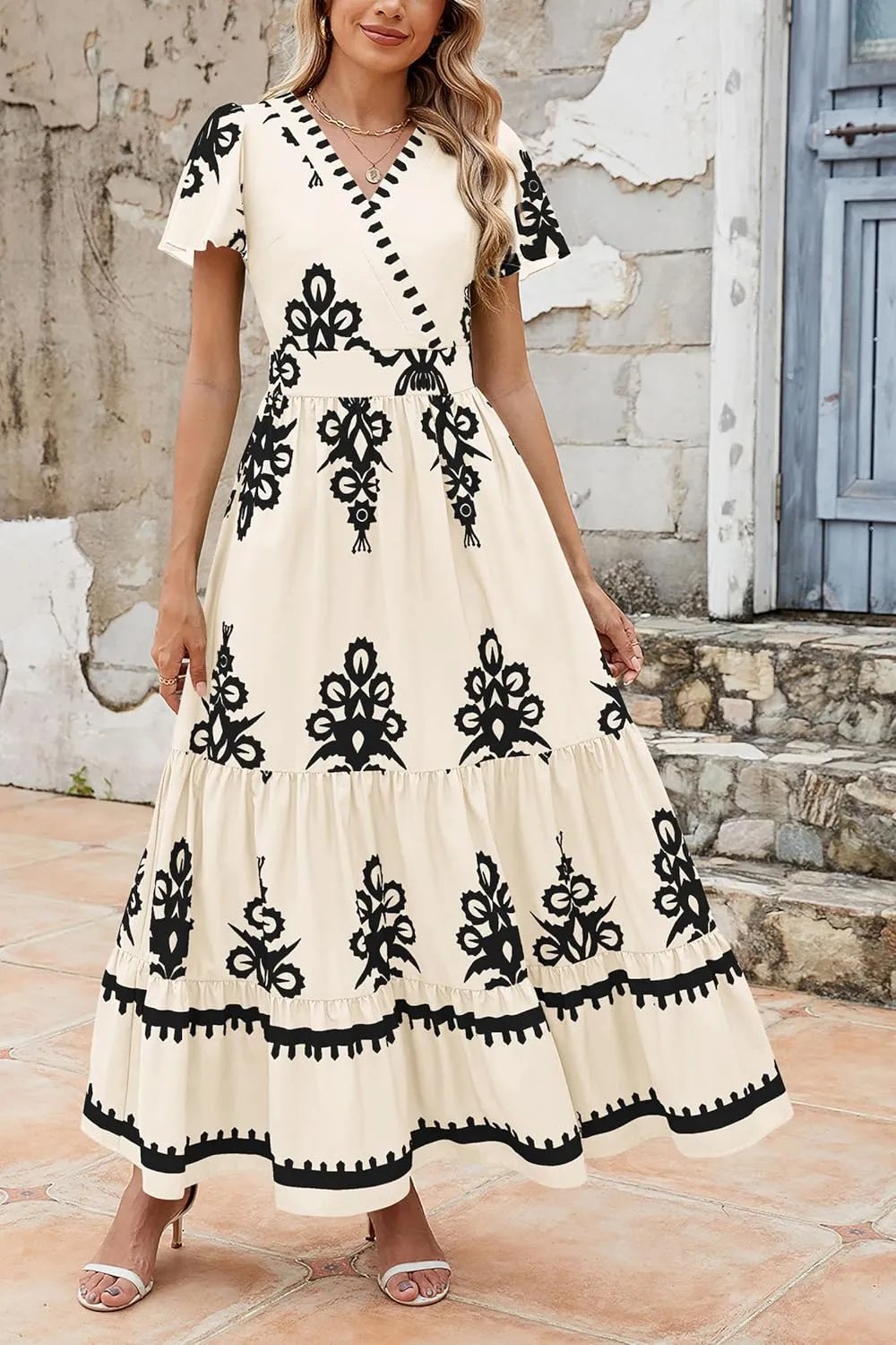 PRETTYGARDEN Womens 2025 Summer Casual V Neck Boho Maxi Dress Flowy Aline Bell Sleeve Tiered Floral Dresses with Pocket