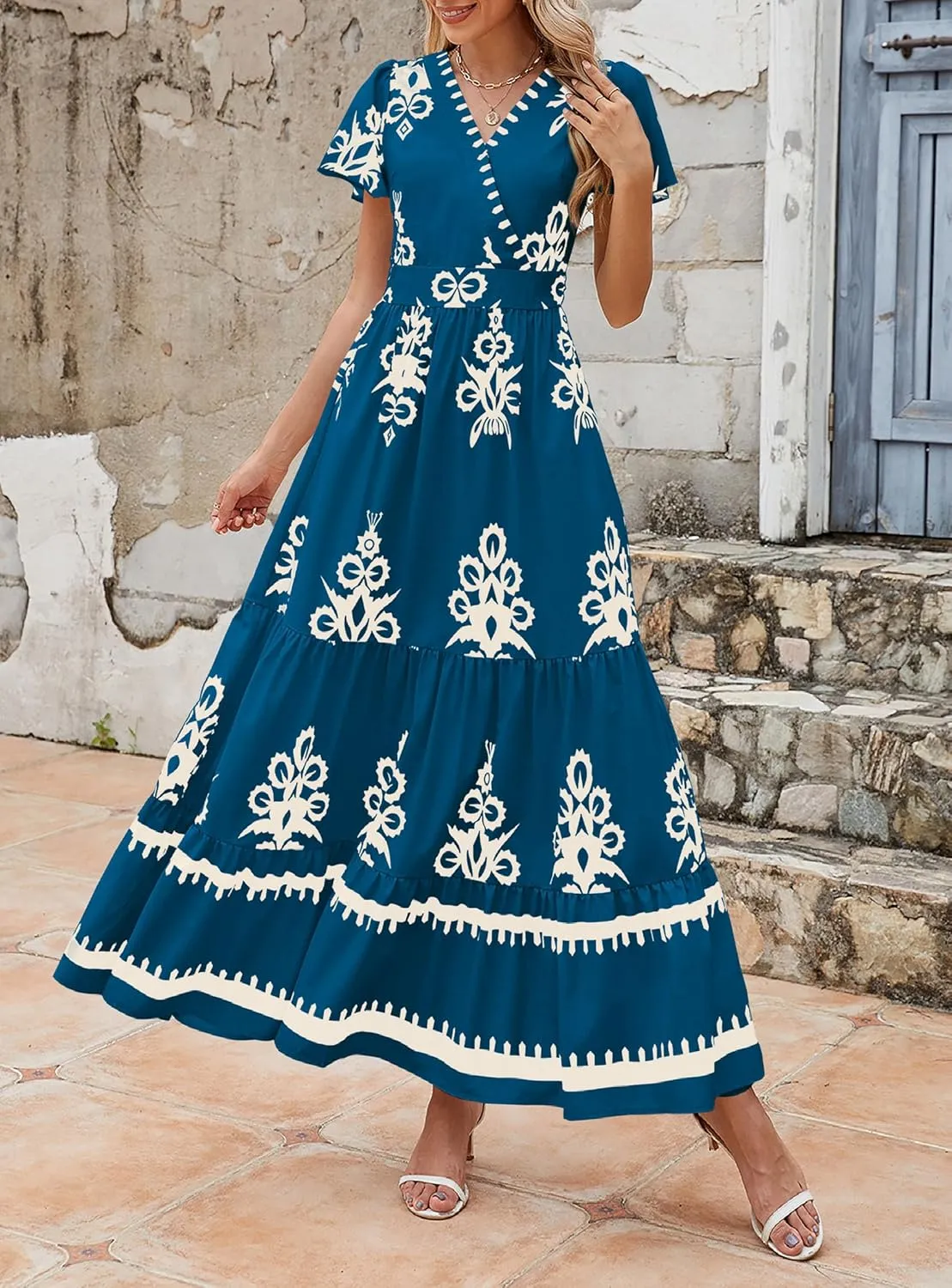 PRETTYGARDEN Womens 2025 Summer Casual V Neck Boho Maxi Dress Flowy Aline Bell Sleeve Tiered Floral Dresses with Pocket