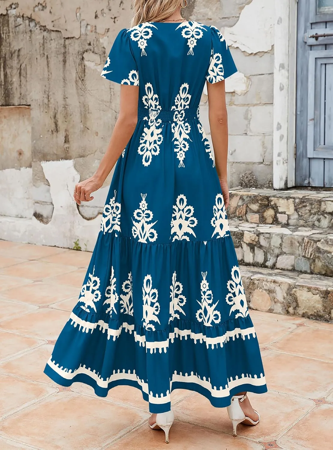 PRETTYGARDEN Womens 2025 Summer Casual V Neck Boho Maxi Dress Flowy Aline Bell Sleeve Tiered Floral Dresses with Pocket