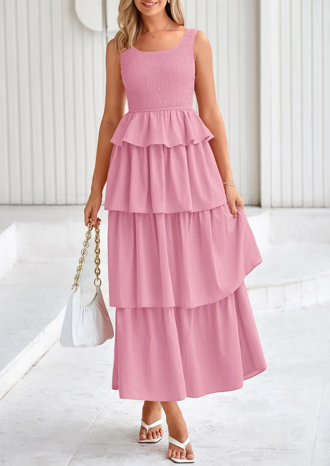 PRETTYGARDEN Womens 2025 Summer Sleeveless Midi Dress Scoop Neck A Line Smocked Ruffle Tiered Layered Beach Vacation Dresses