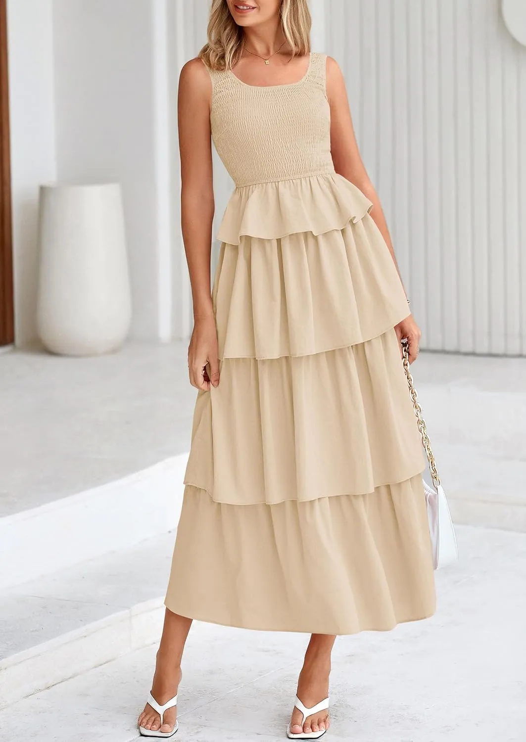 PRETTYGARDEN Womens 2025 Summer Sleeveless Midi Dress Scoop Neck A Line Smocked Ruffle Tiered Layered Beach Vacation Dresses