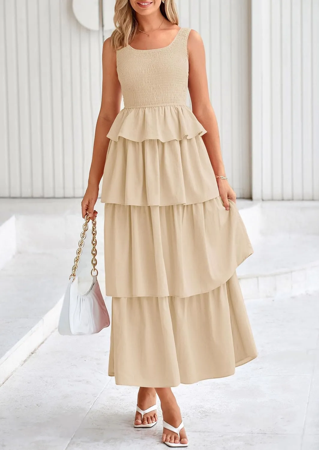 PRETTYGARDEN Womens 2025 Summer Sleeveless Midi Dress Scoop Neck A Line Smocked Ruffle Tiered Layered Beach Vacation Dresses