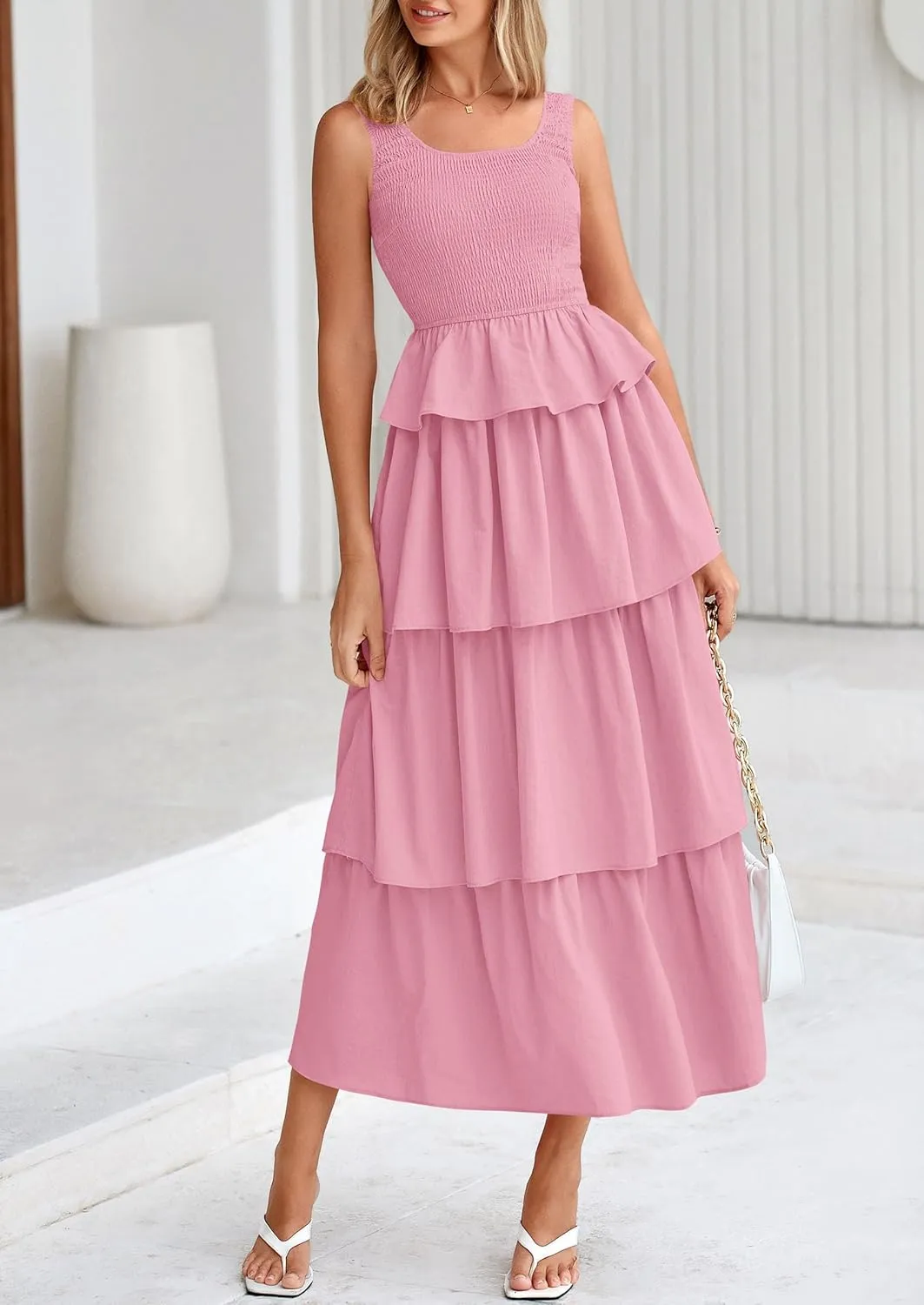 PRETTYGARDEN Womens 2025 Summer Sleeveless Midi Dress Scoop Neck A Line Smocked Ruffle Tiered Layered Beach Vacation Dresses