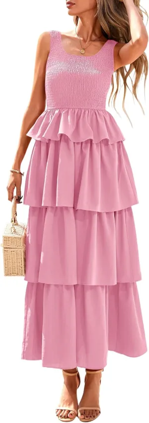 PRETTYGARDEN Womens 2025 Summer Sleeveless Midi Dress Scoop Neck A Line Smocked Ruffle Tiered Layered Beach Vacation Dresses