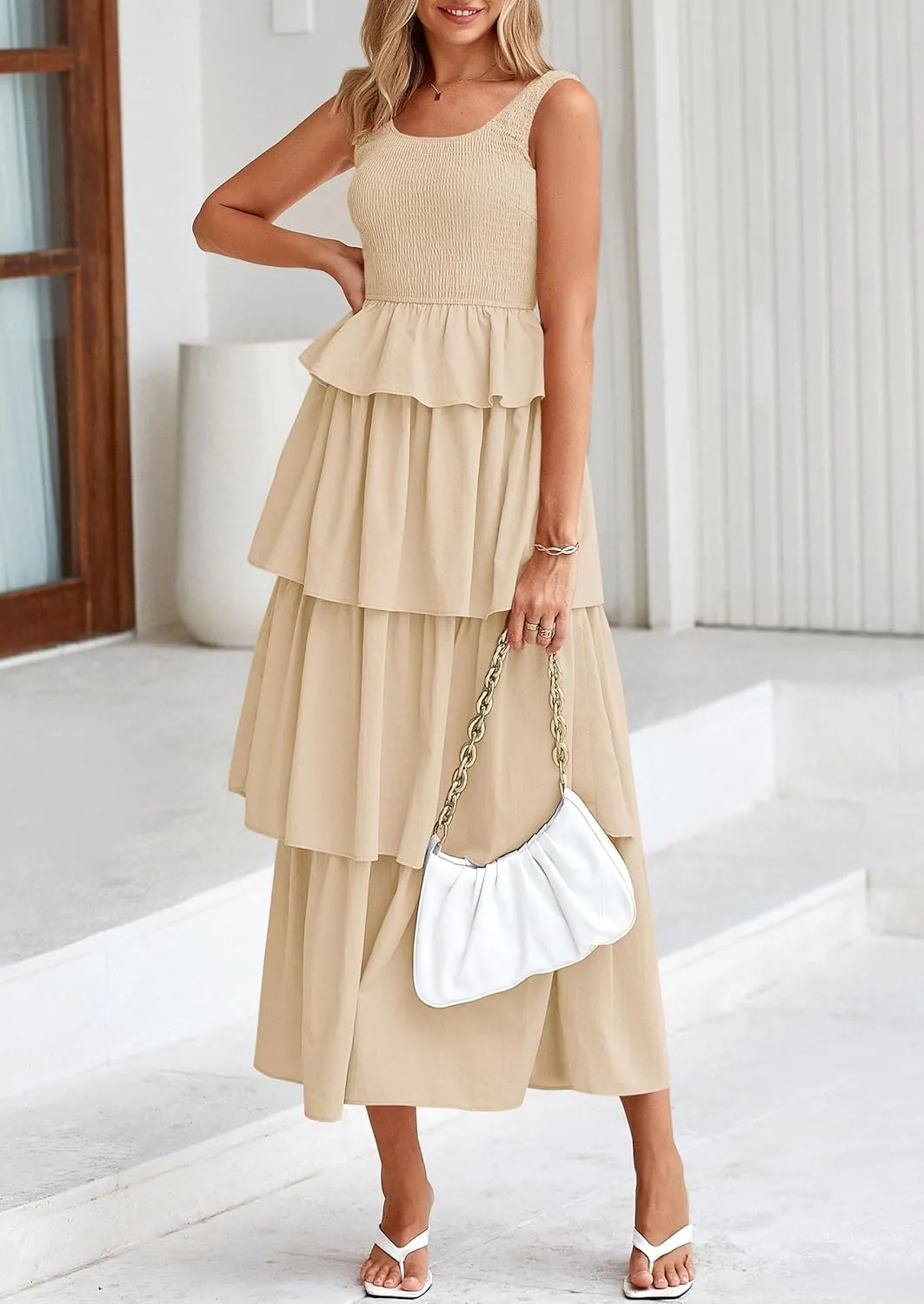 PRETTYGARDEN Womens 2025 Summer Sleeveless Midi Dress Scoop Neck A Line Smocked Ruffle Tiered Layered Beach Vacation Dresses