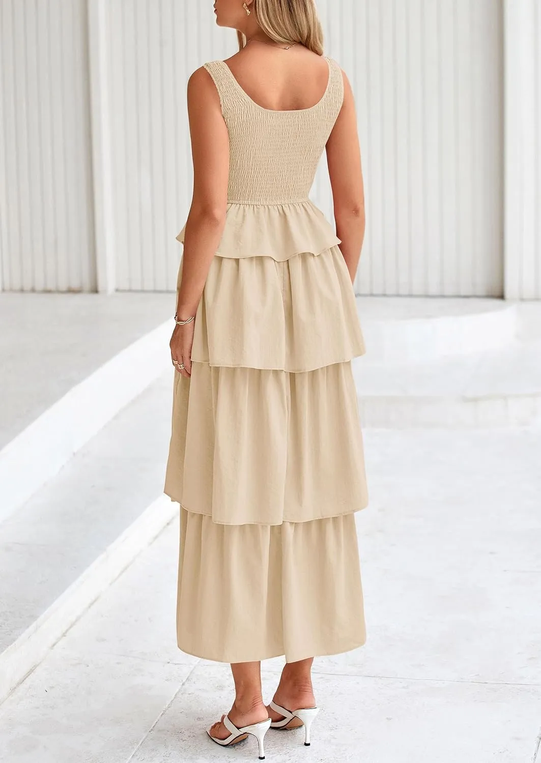 PRETTYGARDEN Womens 2025 Summer Sleeveless Midi Dress Scoop Neck A Line Smocked Ruffle Tiered Layered Beach Vacation Dresses
