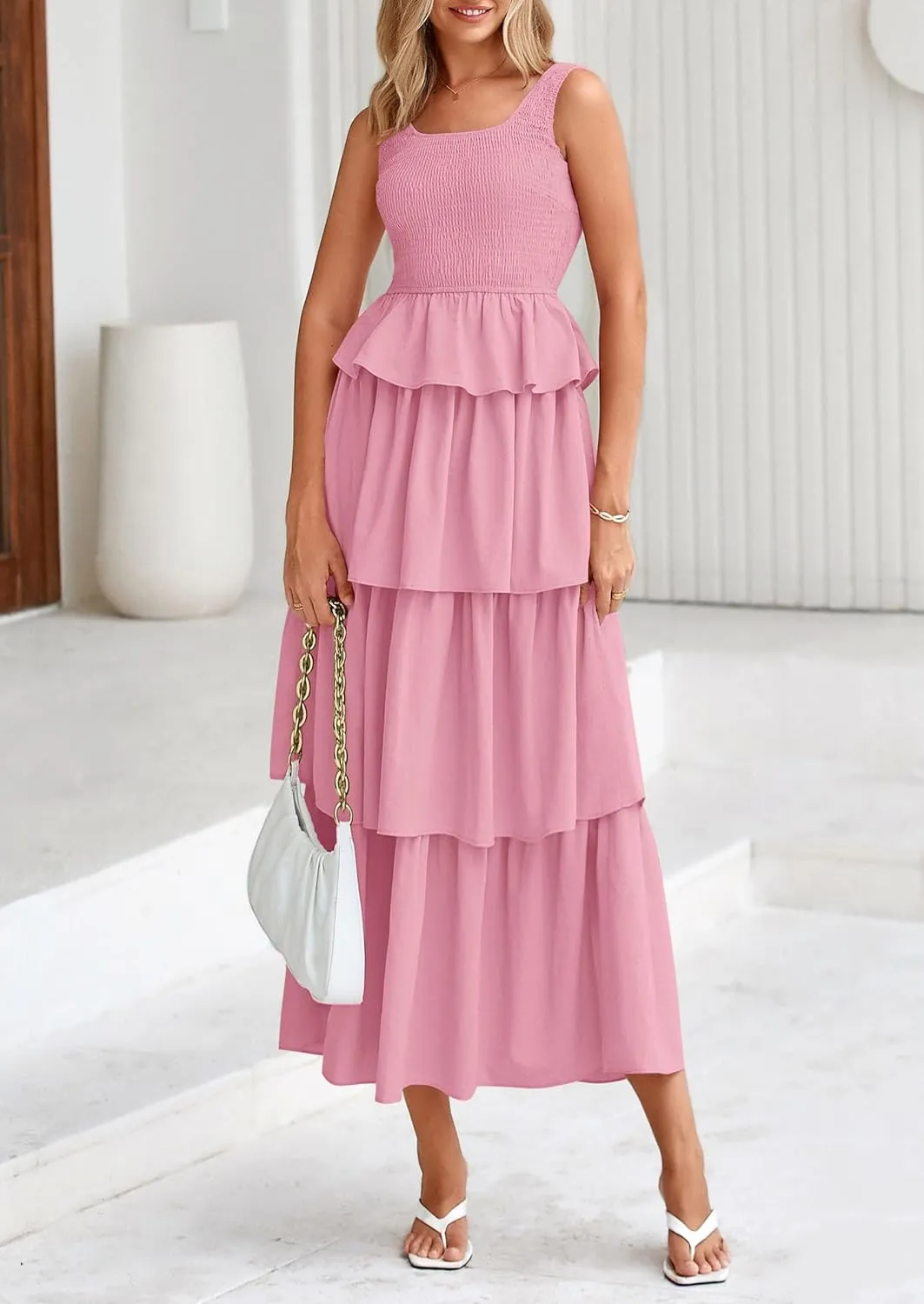 PRETTYGARDEN Womens 2025 Summer Sleeveless Midi Dress Scoop Neck A Line Smocked Ruffle Tiered Layered Beach Vacation Dresses