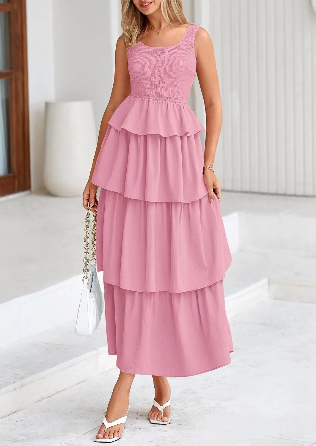 PRETTYGARDEN Womens 2025 Summer Sleeveless Midi Dress Scoop Neck A Line Smocked Ruffle Tiered Layered Beach Vacation Dresses