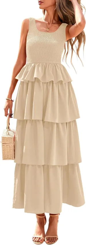 PRETTYGARDEN Womens 2025 Summer Sleeveless Midi Dress Scoop Neck A Line Smocked Ruffle Tiered Layered Beach Vacation Dresses