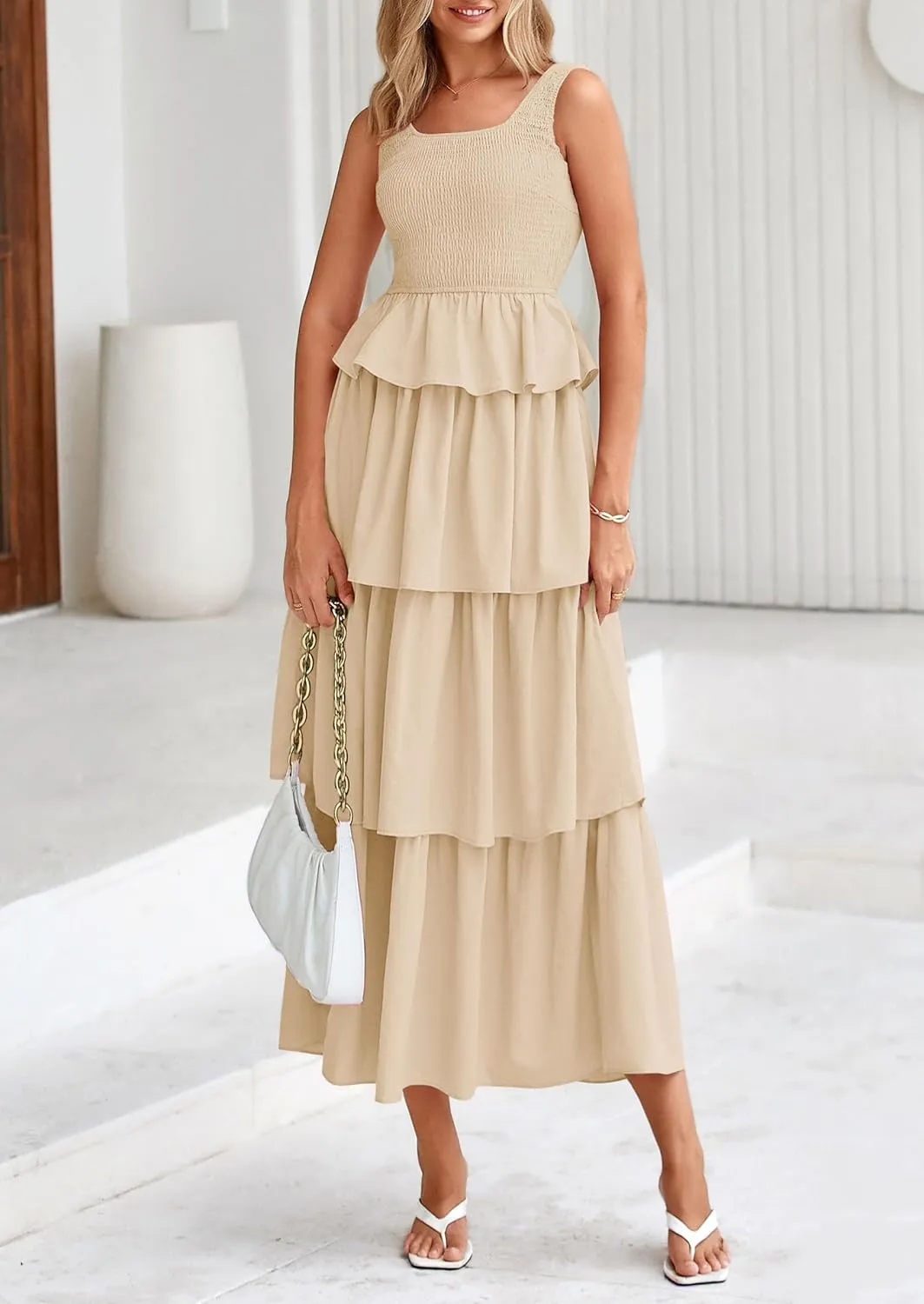 PRETTYGARDEN Womens 2025 Summer Sleeveless Midi Dress Scoop Neck A Line Smocked Ruffle Tiered Layered Beach Vacation Dresses