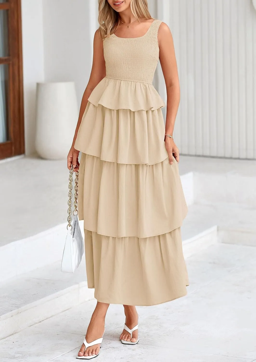 PRETTYGARDEN Womens 2025 Summer Sleeveless Midi Dress Scoop Neck A Line Smocked Ruffle Tiered Layered Beach Vacation Dresses