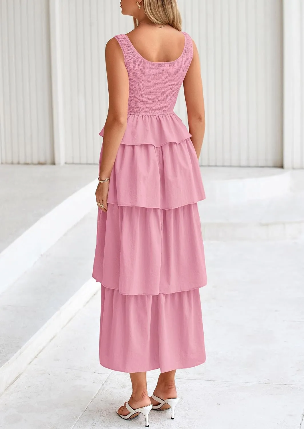 PRETTYGARDEN Womens 2025 Summer Sleeveless Midi Dress Scoop Neck A Line Smocked Ruffle Tiered Layered Beach Vacation Dresses