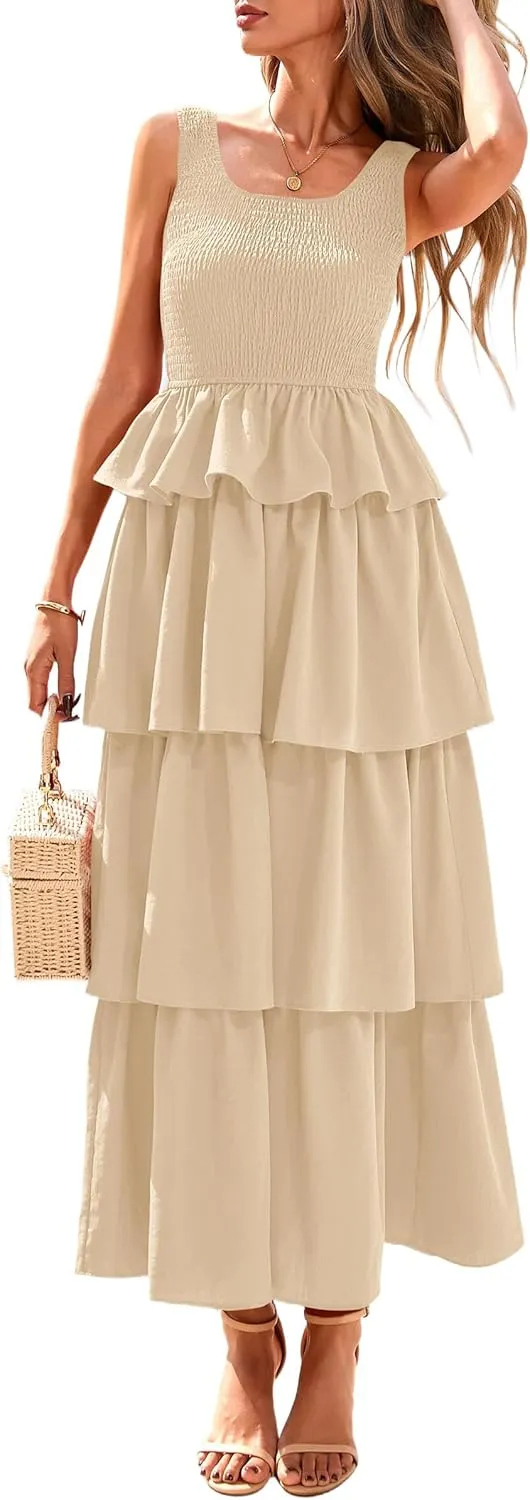PRETTYGARDEN Womens 2025 Summer Sleeveless Midi Dress Scoop Neck A Line Smocked Ruffle Tiered Layered Beach Vacation Dresses