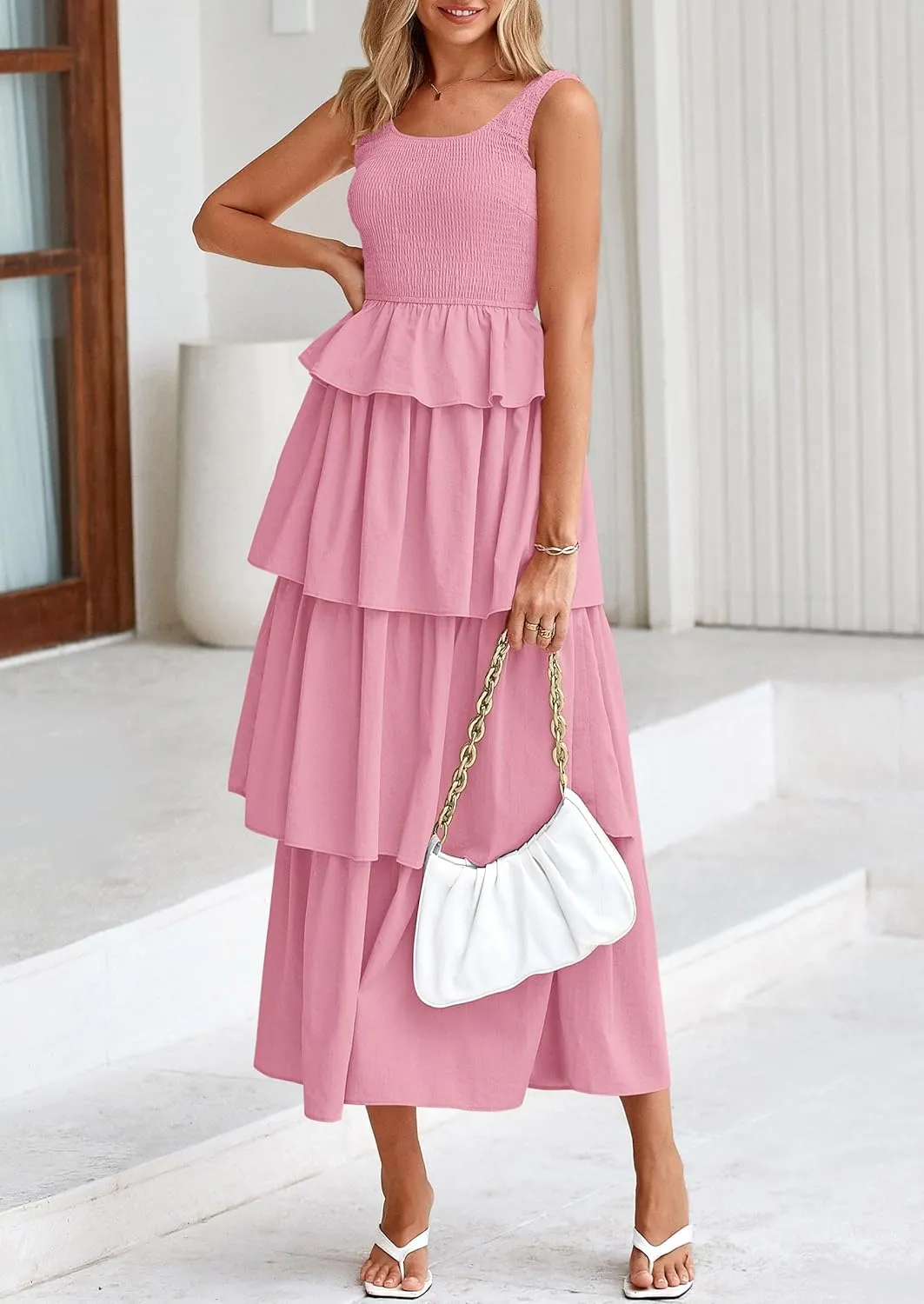 PRETTYGARDEN Womens 2025 Summer Sleeveless Midi Dress Scoop Neck A Line Smocked Ruffle Tiered Layered Beach Vacation Dresses