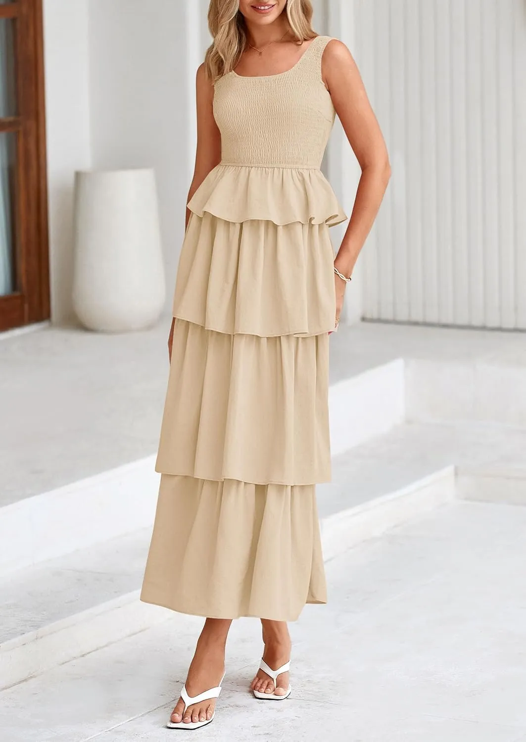 PRETTYGARDEN Womens 2025 Summer Sleeveless Midi Dress Scoop Neck A Line Smocked Ruffle Tiered Layered Beach Vacation Dresses