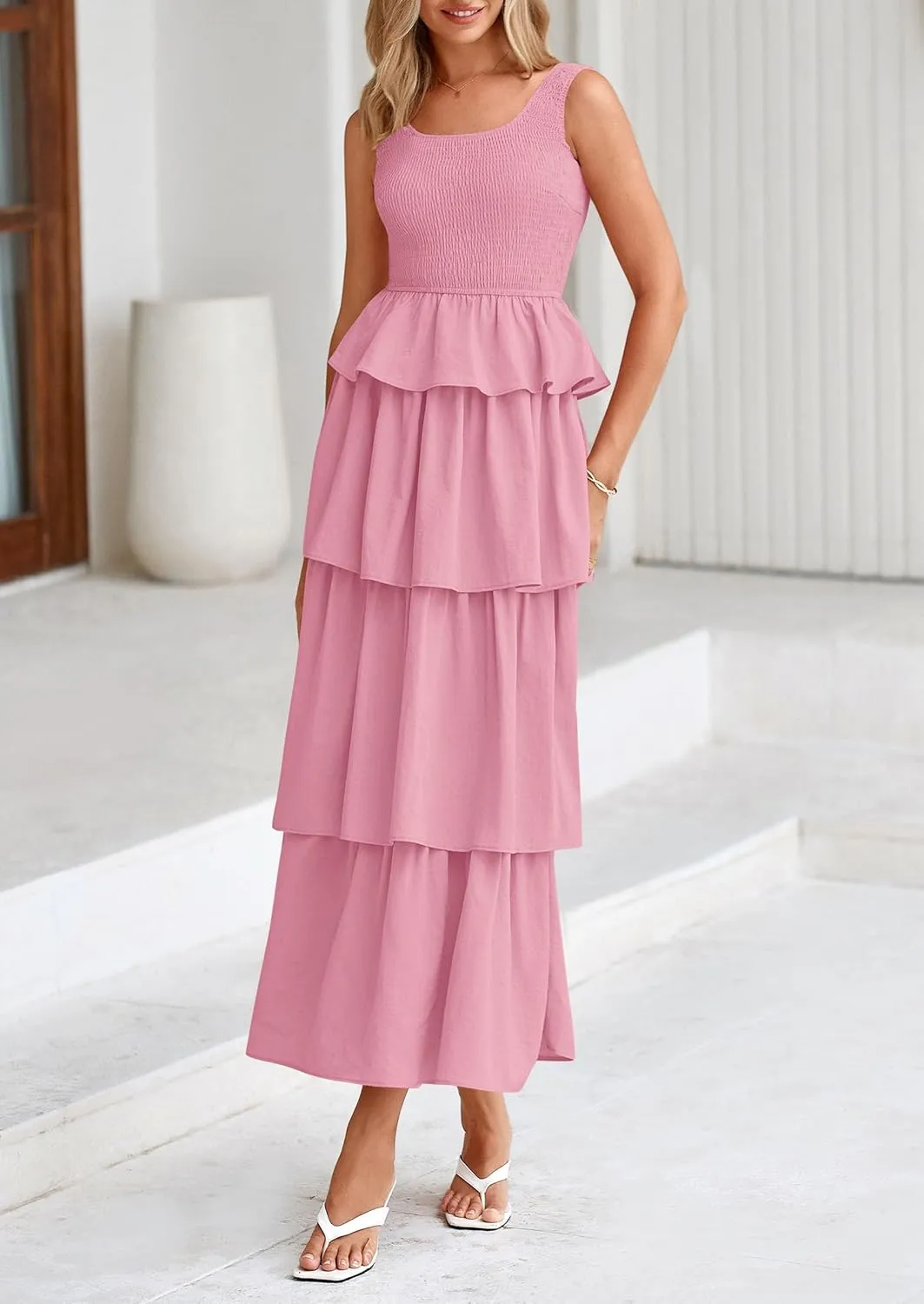 PRETTYGARDEN Womens 2025 Summer Sleeveless Midi Dress Scoop Neck A Line Smocked Ruffle Tiered Layered Beach Vacation Dresses