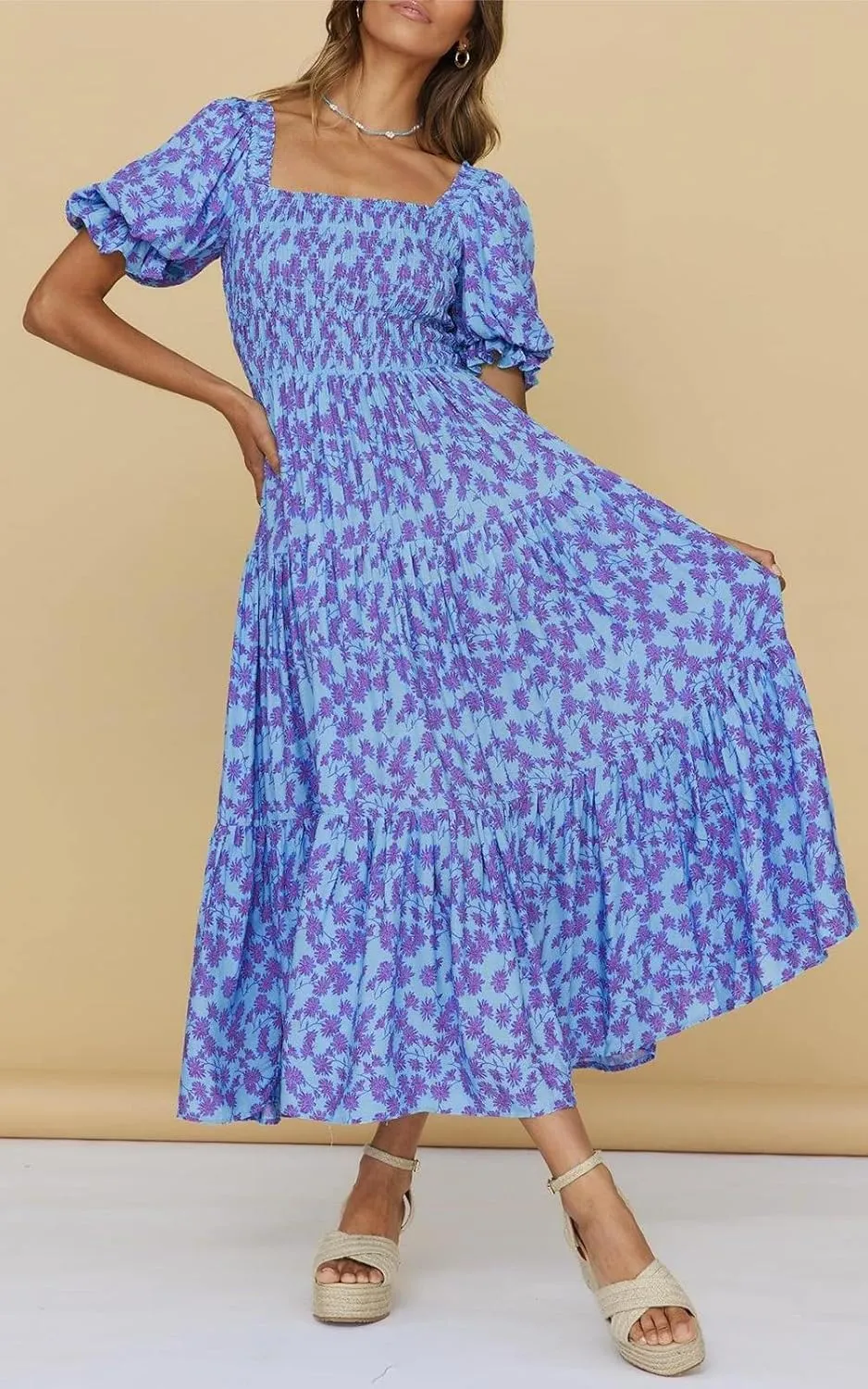 PRETTYGARDEN Women's Boho Floral Print Summer Dresses Square Neck Puff Sleeve A Line Long Dress Smocked Casual Maxi Dress