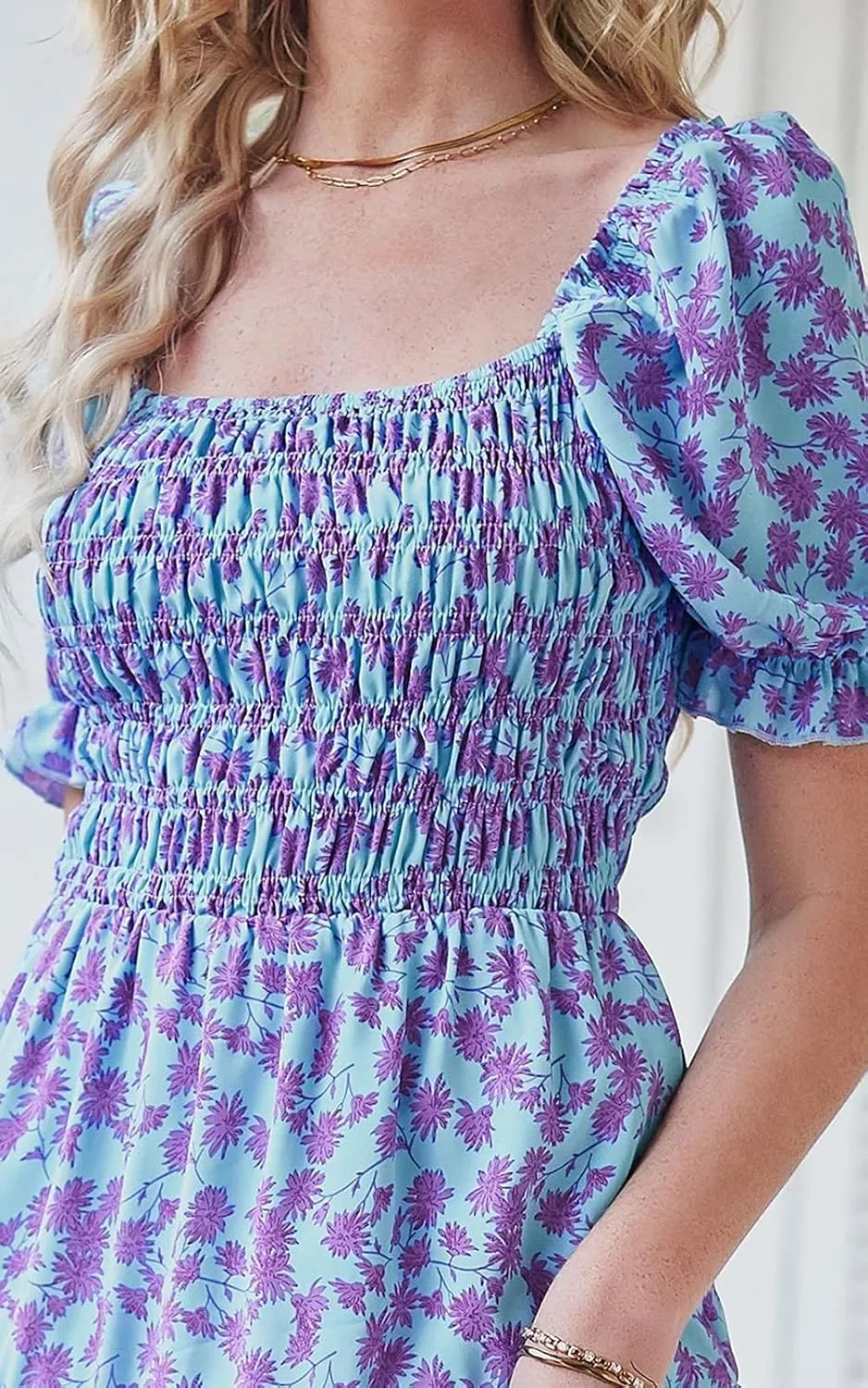 PRETTYGARDEN Women's Boho Floral Print Summer Dresses Square Neck Puff Sleeve A Line Long Dress Smocked Casual Maxi Dress