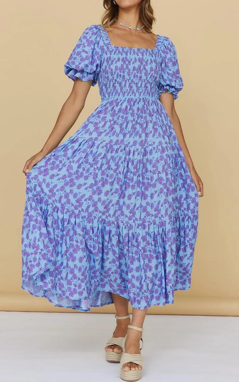 PRETTYGARDEN Women's Boho Floral Print Summer Dresses Square Neck Puff Sleeve A Line Long Dress Smocked Casual Maxi Dress
