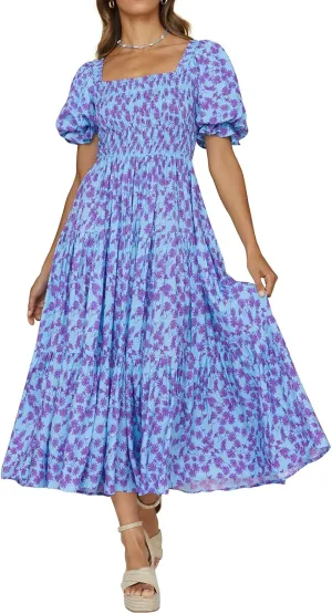 PRETTYGARDEN Women's Boho Floral Print Summer Dresses Square Neck Puff Sleeve A Line Long Dress Smocked Casual Maxi Dress