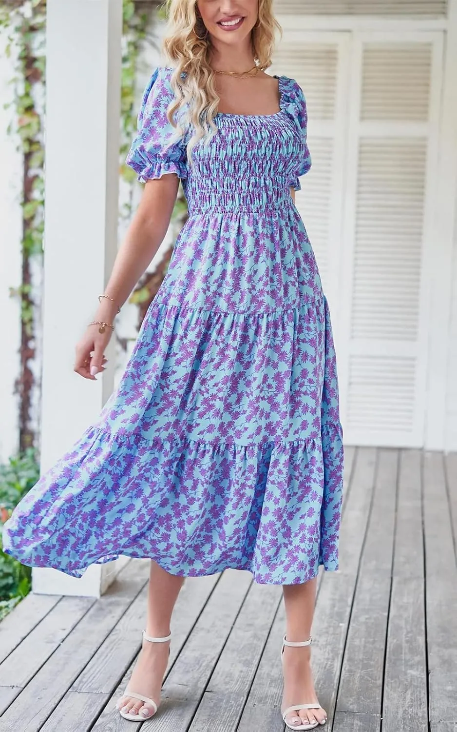 PRETTYGARDEN Women's Boho Floral Print Summer Dresses Square Neck Puff Sleeve A Line Long Dress Smocked Casual Maxi Dress