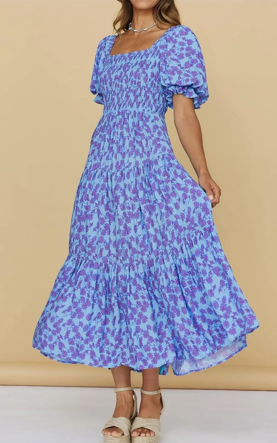 PRETTYGARDEN Women's Boho Floral Print Summer Dresses Square Neck Puff Sleeve A Line Long Dress Smocked Casual Maxi Dress