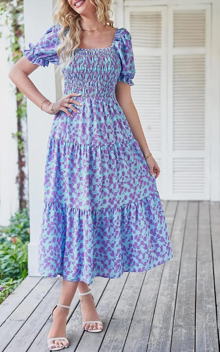 PRETTYGARDEN Women's Boho Floral Print Summer Dresses Square Neck Puff Sleeve A Line Long Dress Smocked Casual Maxi Dress